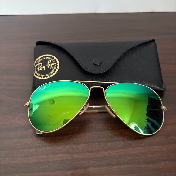 Ray-Ban Italy RB3025 Aviator Gold Green Mirrored Sunglasses - Picture 2 of 7